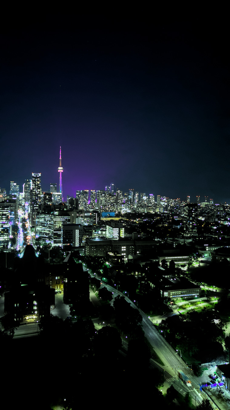 Toronto skyline photographed at night from above.